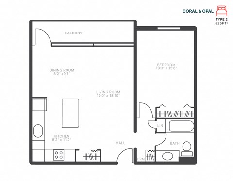 Floor plan for 1 bed, 1 bath, 625 sqft